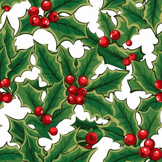 A seamless pattern featuring hand-painted holly leaves and red berries in a stained glass style.