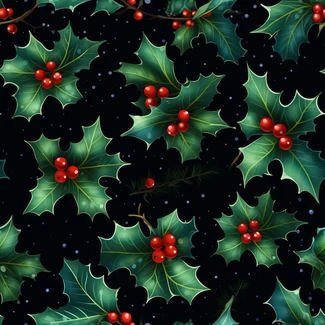 A pattern with hand-painted holly leaves and pine tree on a black background.