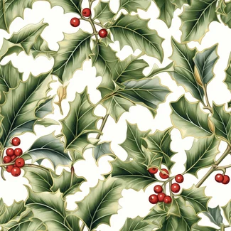 Seamless pattern of holly leaves and red berries on a white background