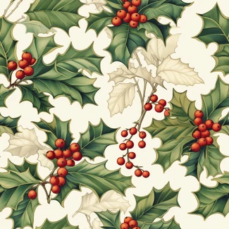 Holly Leaves and Berries pattern featuring a botanical illustration of holly leaves in ivory with red and green berries.