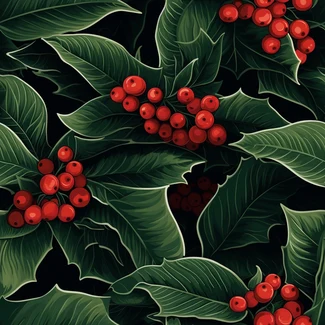A seamless pattern featuring realistic illustrations of holly leaves and red berries against a black background, with hyper-detailed details and bold graphic illustrations.