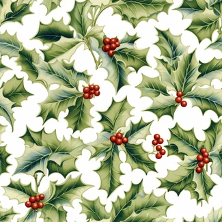 A botanical illustration of holly leaves and berries on a white background with detailed shading and classical motifs.