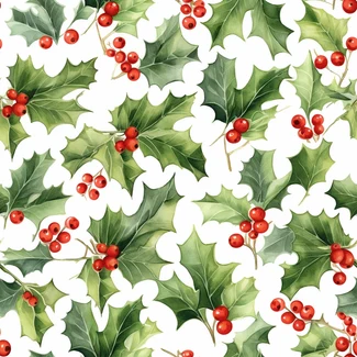 Holly Jolly Christmas pattern featuring watercolor holly with berries on a white background