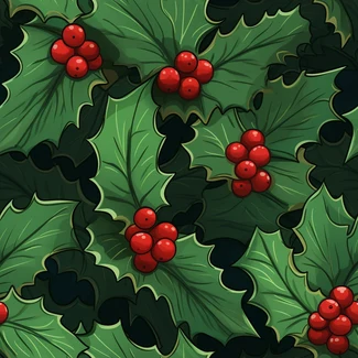 A seamless pattern of holly leaves and berries against a dark background, with clusters of radiant holly leaves and berries that look almost three-dimensional.