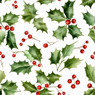 Holly watercolor seamless pattern with leaves and berries
