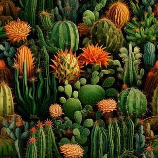 A hyper-realistic cactus pattern featuring orange, green and yellow plants in a birds-eye-view. The dark orange and dark green colors give the design a realistic oil painting feel