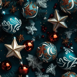 Christmas baubles and ornaments in blue and brown on a blue background in a hyperrealistic style