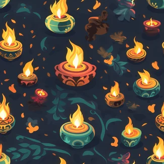 A colorful and festive Indian Diwali pattern featuring candles, leaves, burning lamps, and flowers.
