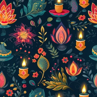 Colorful Indian Festival of Lights seamless pattern with flowers and candles
