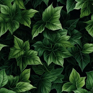 A seamless pattern of intricate and detailed emerald green ivy leaves set against a rich black background.
