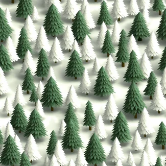 A seamless pattern of 3D pine trees in a snowy forest on a green and beige background.
