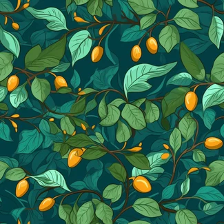 A seamless pattern of bright yellow pomegranate fruit on a branch, set against a dark cyan and amber backdrop, with twisted branches and highly detailed foliage.