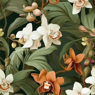A repeating pattern featuring ivory orchids on leaves in a portrait illustration style with a dark green and orange color scheme on a primarily white and brown background.