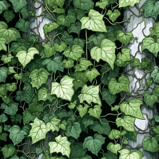 Enchanted Ivy - A botanical illustration featuring lush foliage and bark texture in a repeating pattern of green ivy leaves.