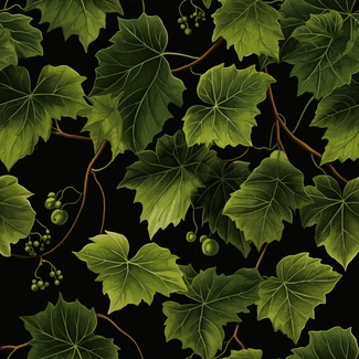 A seamless pattern of green ivy leaves and berries on a black background