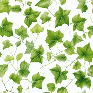 A repeating pattern of green ivy leaves on a white background with nature-based and flower motifs.