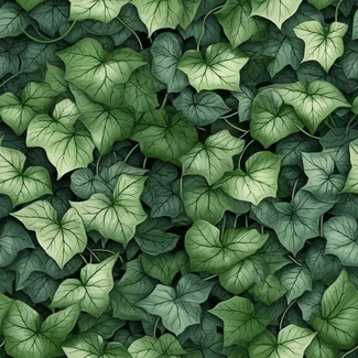 A seamless pattern of green ivy leaves and vines on a matte background.