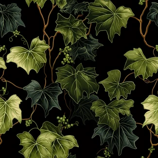 A seamless pattern of ivy leaves and vines on a black background with a mix of light green and brown shades.