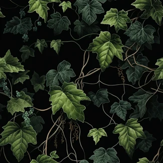 Dark Ivy Vines pattern on a black background with detailed botanical illustrations of ivy leaves and vines.