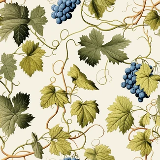 A seamless pattern of grape vines and grapes on a beige background.