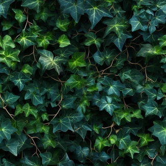 A close up of sharp, emerald green leaves on an ivy wall with a forest green background.