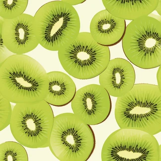 Seamless pattern of green kiwi slices on a bright green background.