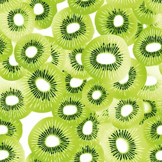 A seamless pattern of green kiwi fruit slices and leaves on a white background