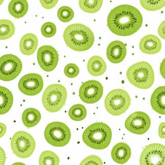 Kiwi green seamless pattern featuring an organic and precisionist style with digitally enhanced kiwi fruit elements on a white background with splattered and dripped light green accents.