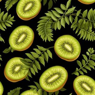 A seamless pattern of kiwi slices and leaves on a black background