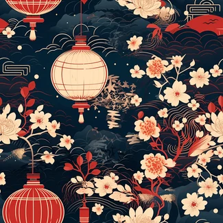 A colorful pattern with lanterns, flowers, and trees in light red and dark indigo on a light yellow and dark white background. The design features nature-inspired patterns and vintage imagery.