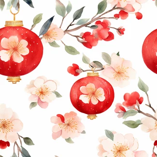 A seamless pattern featuring red lanterns and cherry blossoms in the style of aquarellist, perfect for Chinese New Year-themed arts and crafts and social media posts.