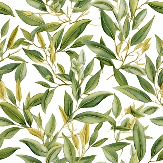 Botanical illustration of a seamless pattern featuring twisting branches of eucalyptus green, silver, and yellow laurel leaves on a white background.