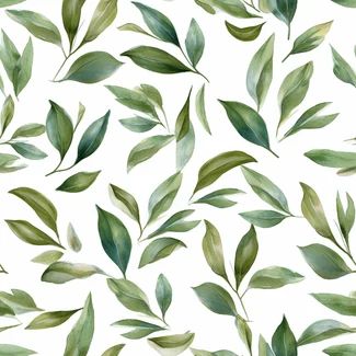 A beautiful botanical watercolor pattern featuring green leaves on a white background.