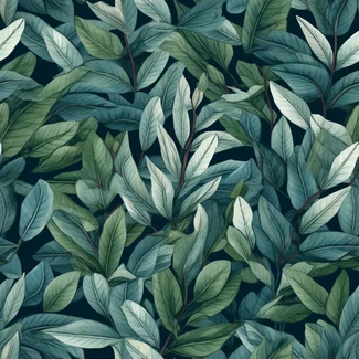 Botanical wallpaper pattern featuring green leaves on a blue background