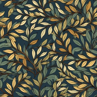 Laurel Leaves Seamless Pattern featuring gold and blue leaves arranged in the style of twisted branches on a sky-blue backdrop.
