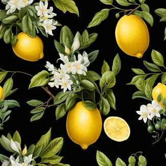 A seamless pattern with lemons, flowers, and branches on a black background.