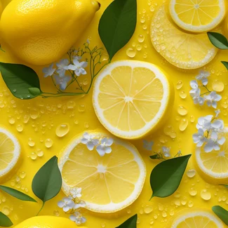 A seamless pattern of lemons on a yellow background with blue leaves and flowers, in the style of realistic and hyper-detailed renderings, water, texture-based rendering, collage-based imagery, multi-layered, and intense close-ups.