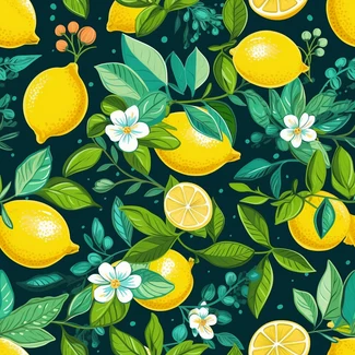 A lemon and flower branch seamless pattern on a dark background