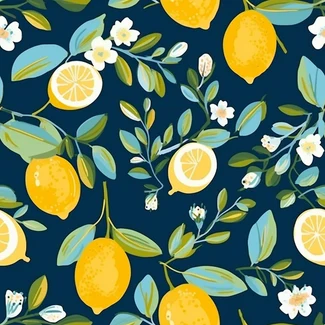 A seamless pattern featuring yellow lemons and flowers on a dark blue, navy, and yellow background.
