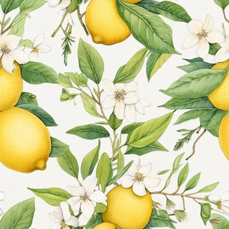 A yellow and white watercolor pattern featuring lemons and jasmine flowers.