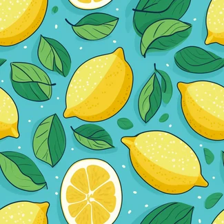 A seamless pattern featuring lemons and leaves on a sky-blue background.