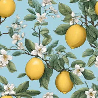 A seamless pattern featuring lemons and flowers on a sky-blue background.