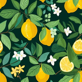 A seamless pattern featuring lemon blossoms, leaves, and flowers with bumblebees on a dark background