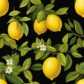 A seamless pattern of lemons with blossoms on a black background