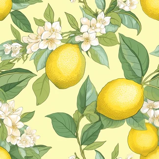 A seamless pattern with lemons and blossoms on the branch, in the style of organic material with detailed shading and realistic color schemes