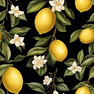 A seamless pattern of lemons and white blossoms on a black background.