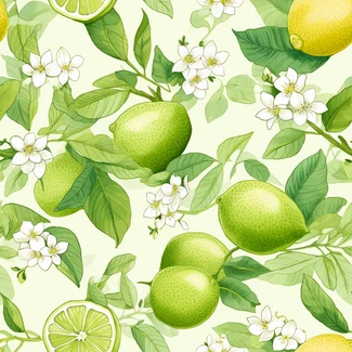A seamless pattern featuring bright lemons, lemon blossoms, leaves, and flowers on a light green and white background.