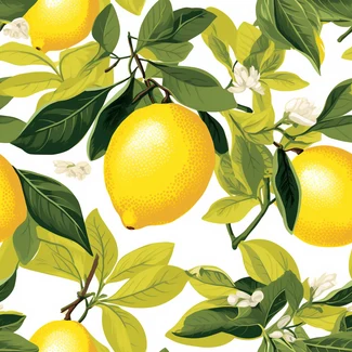 A seamless pattern of yellow lemons on a branch against a white background