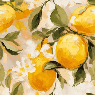 A pattern featuring a bunch of lemons hanging from branches against a white background with vibrant orange and white colors and loose brushwork.