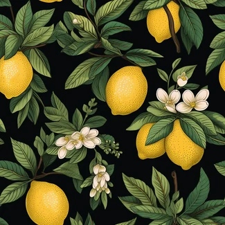 A seamless pattern with yellow lemons and white flowers on branches on a black background.